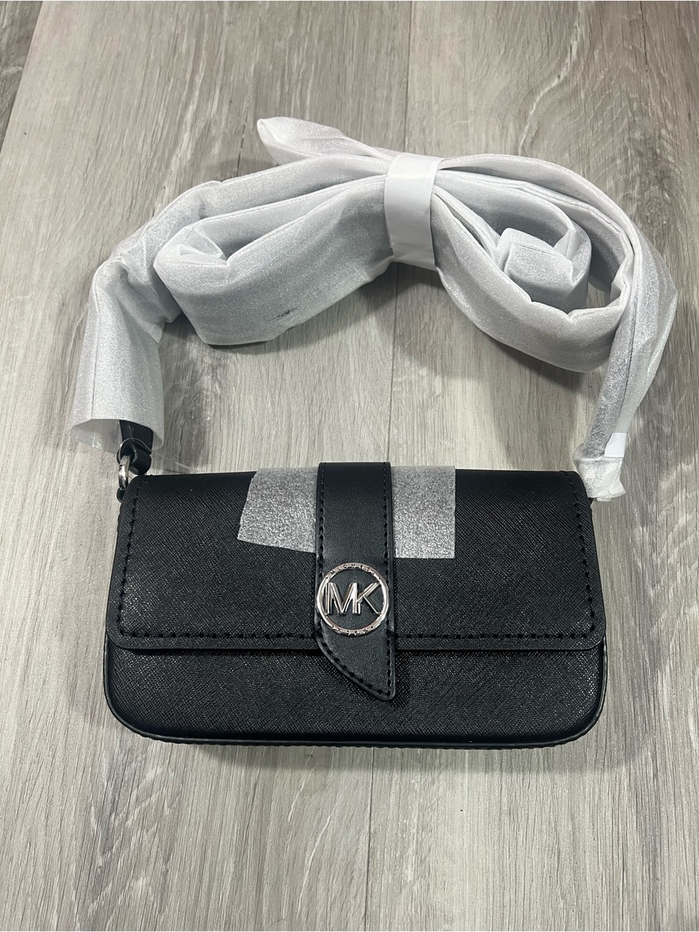 Michael Kors Black Crossbody Wallet with Silver MK Emblem